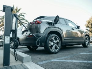 Electric vehicle plugged into a wall-mounted charging station in a designated parking bay with palm trees in background