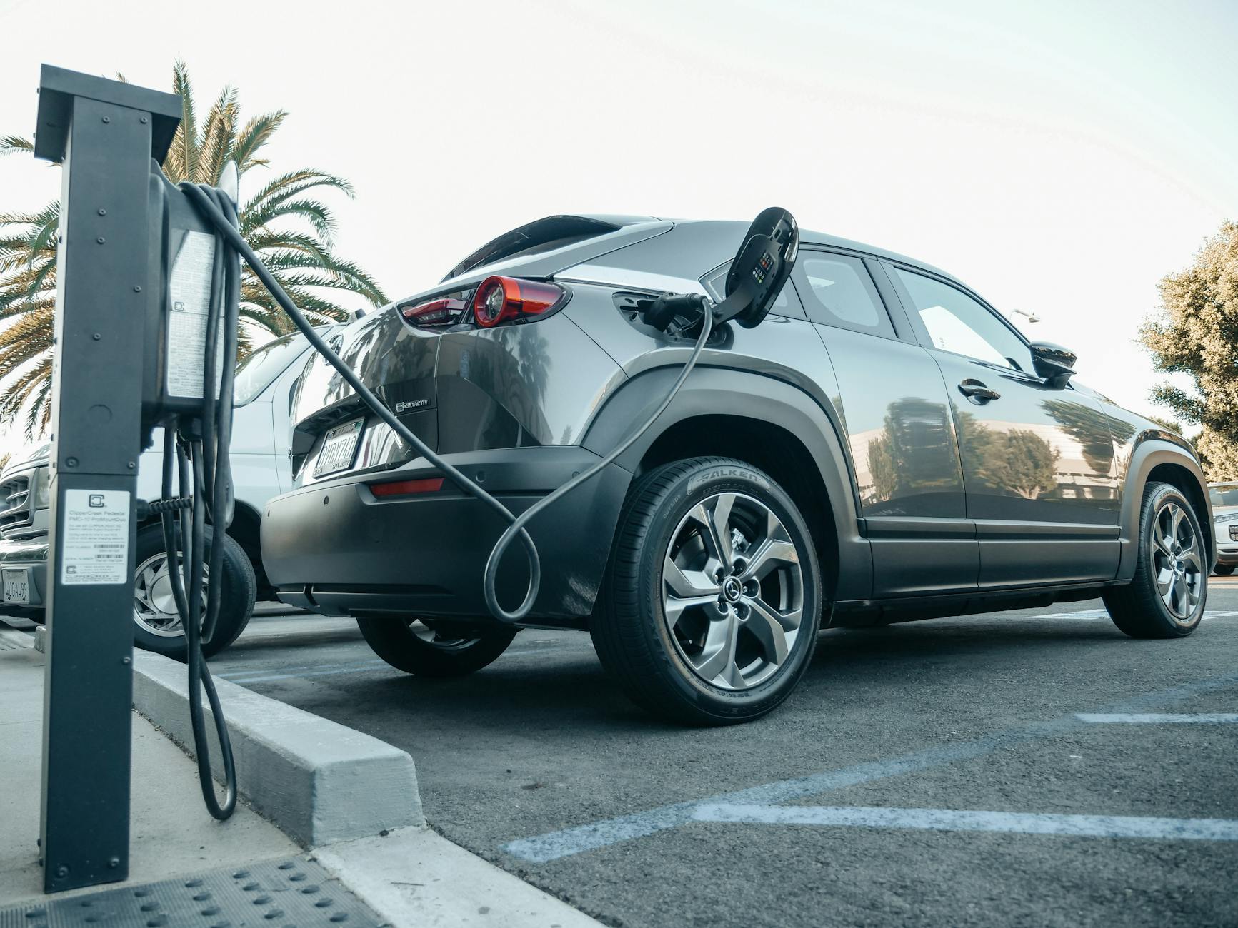 Electric vehicle plugged into a wall-mounted charging station in a designated parking bay with palm trees in background
