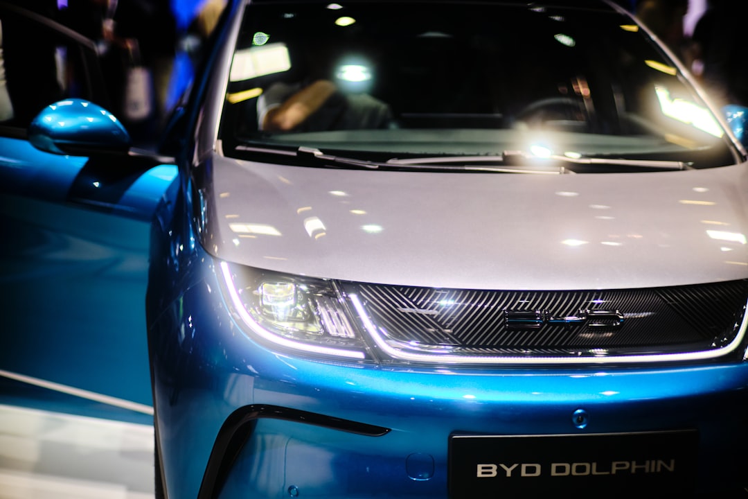 White and blue BYD Dolphin electric hatchback at indoor display, front three-quarter view showing distinctive grille and badging