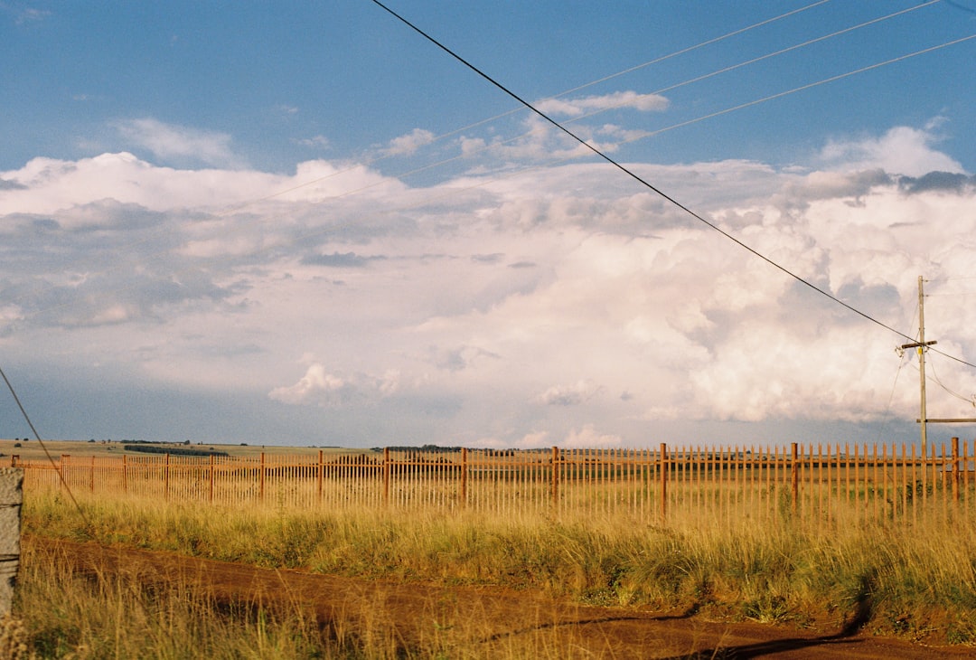 Electricity power lines and utility pole stretching across a rural landscape under cloudy skies.