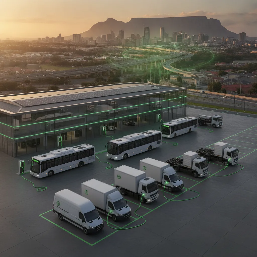 Electric buses and delivery trucks charging at a modern depot facility with solar panels, Table Mountain visible in the background, representing fleet electrification in South Africa.