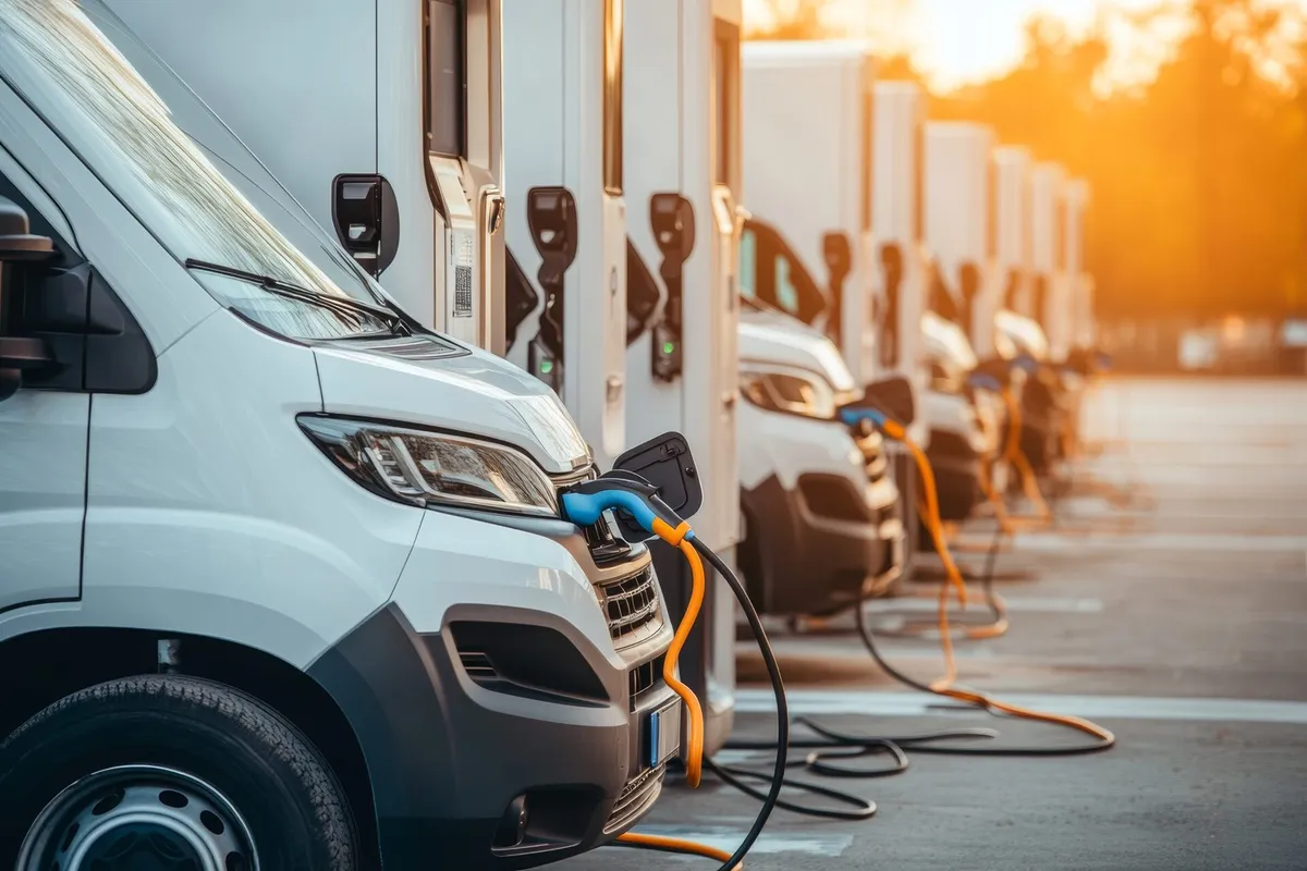 White electric delivery vans lined up at charging station with orange and blue cables connected, fleet charging operation