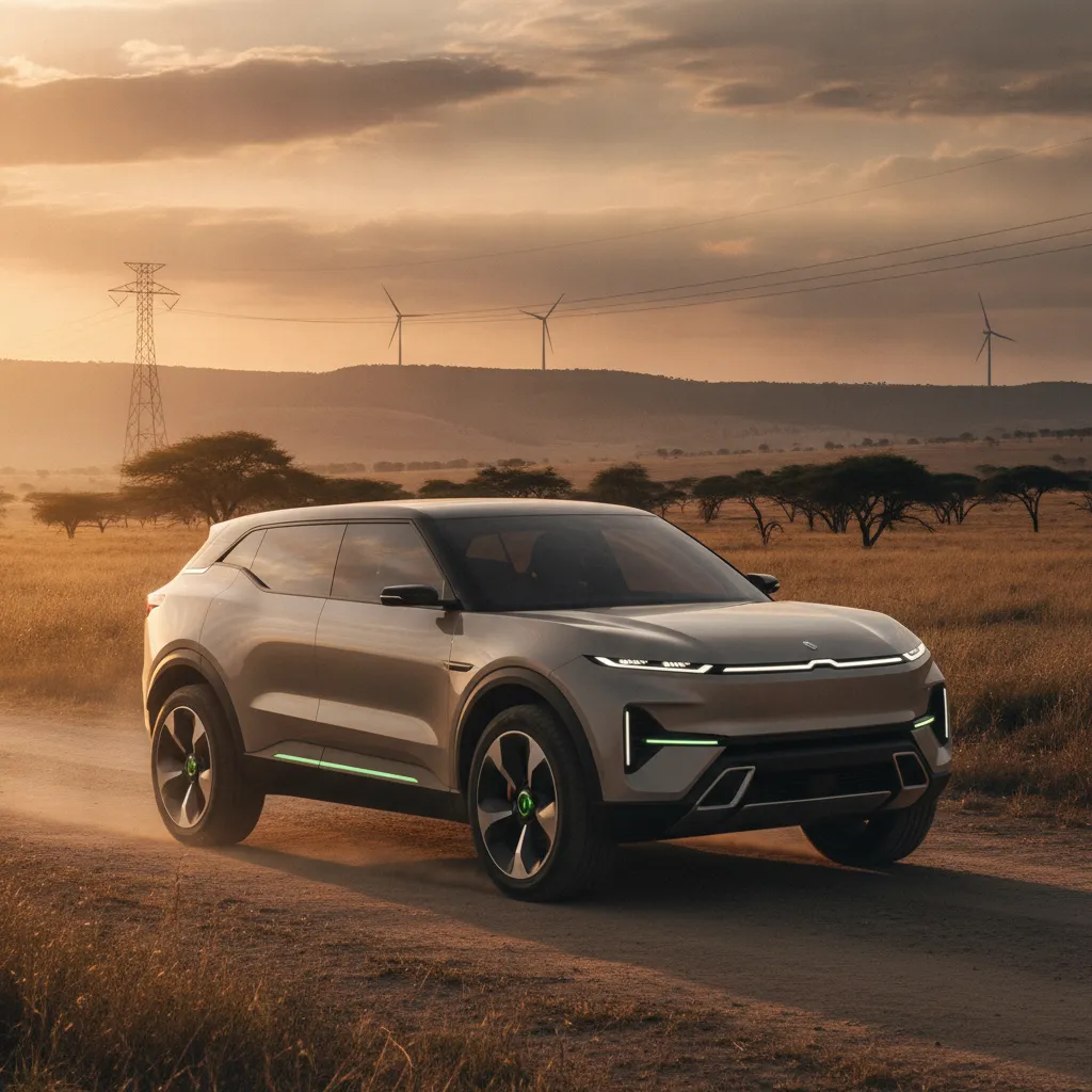 Modern electric SUV parked on sandy road in South African savanna with acacia trees, wind turbines and power lines at sunset