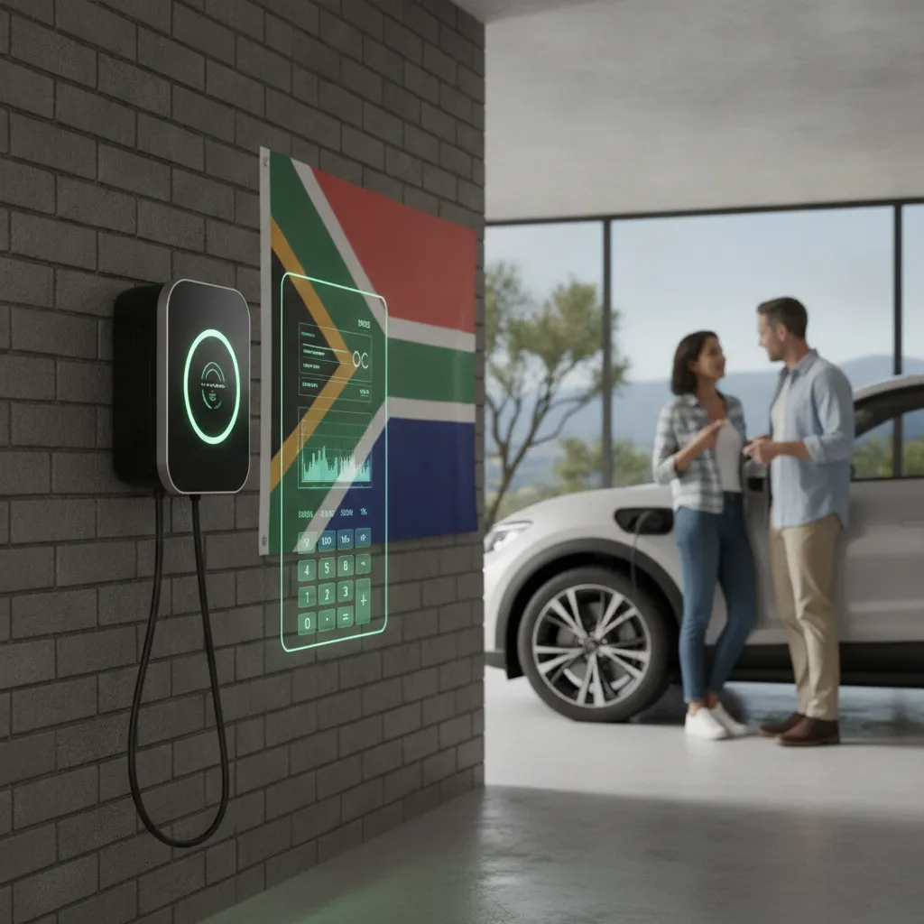 AI illustration of EV charger installation in South Africa: wall-mounted charger unit with cost calculator interface, EV vehicle, and two people discussing setup against brick wall with SA flag