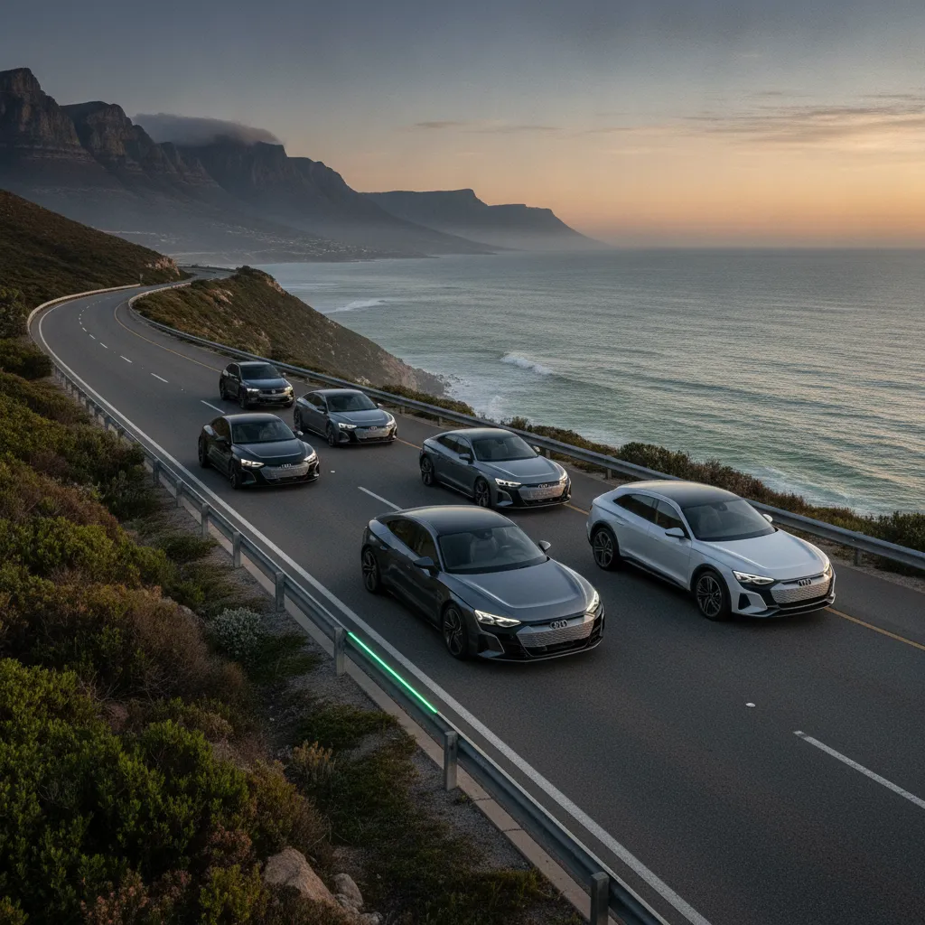 Multiple Audi electric vehicles driving on a coastal highway overlooking the ocean with dramatic mountains in the background at sunset.