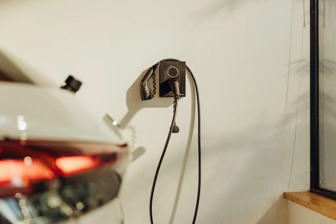 Wall-mounted residential EV charging unit installed on interior wall with coiled power cable