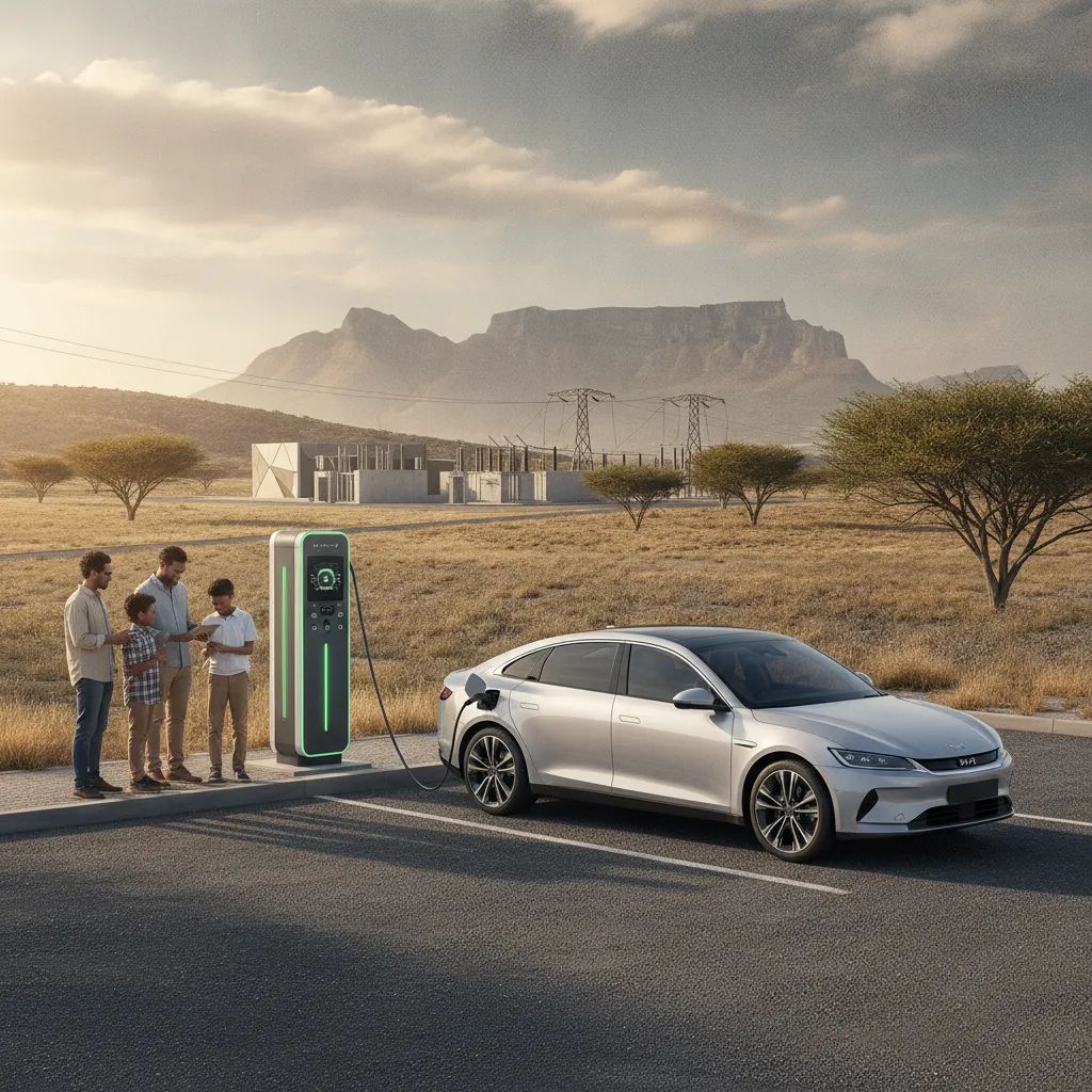 BYD electric sedan charging at a green and white fast-charging station in a South African savanna landscape with Table Mountain in the distance