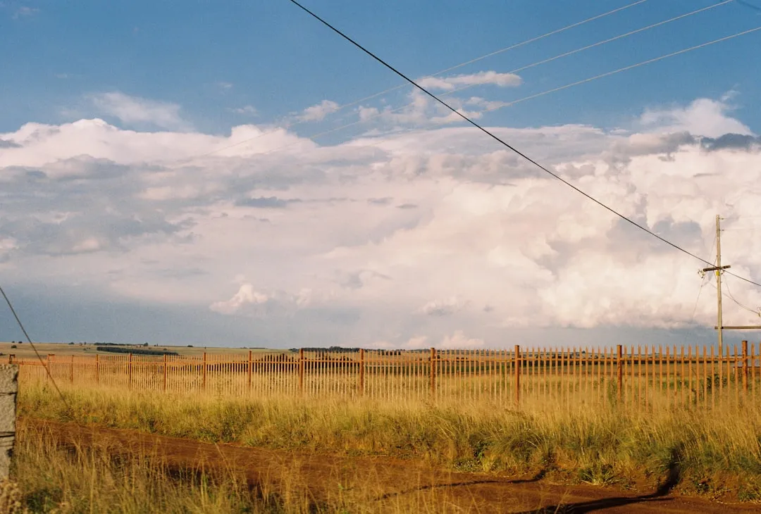 Electrical power lines and utility pole stretching across a rural landscape under a dramatic cloudy sky.